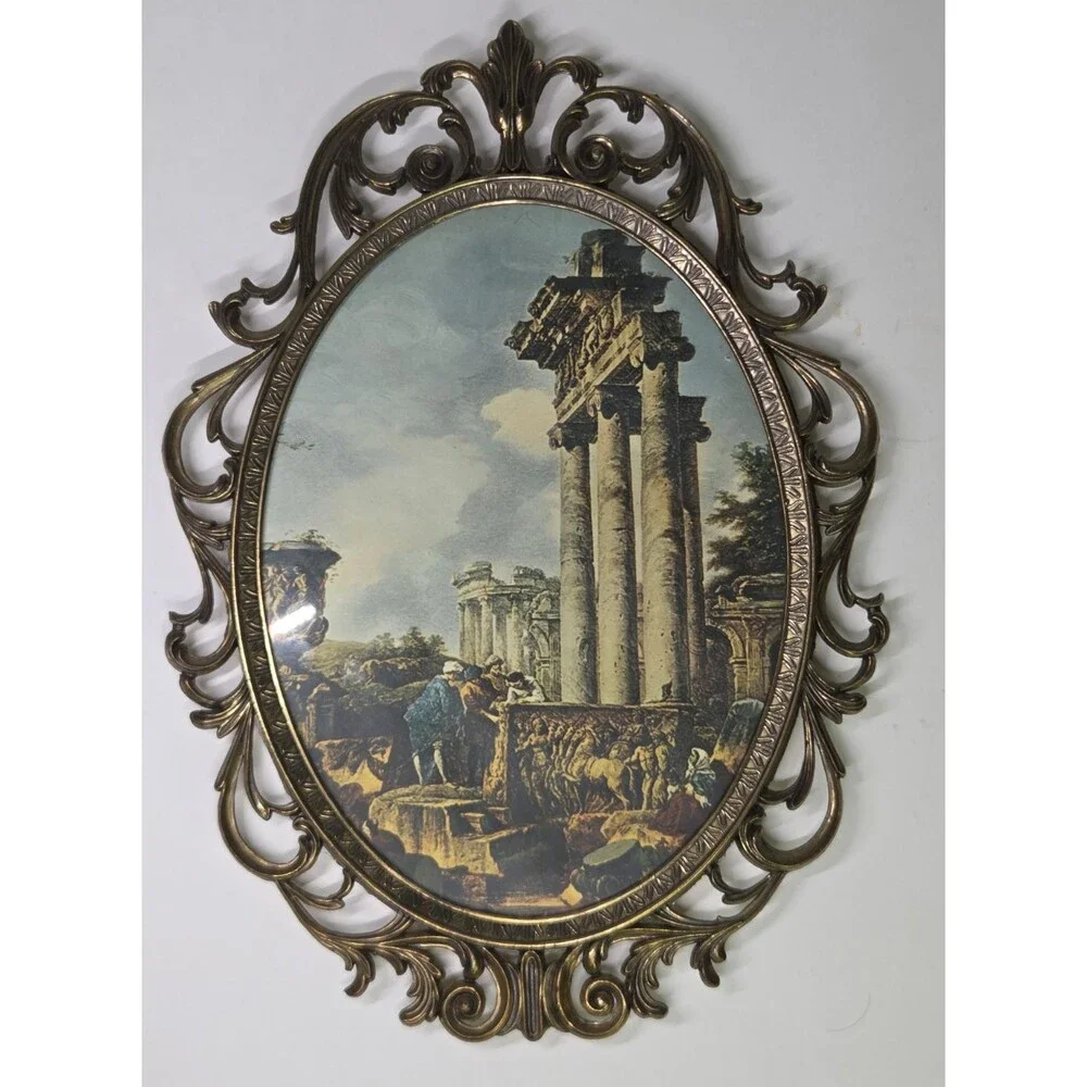 Vintage Italian Metal Oval Picture Frame Wall Hanging Brass Patina 12.5